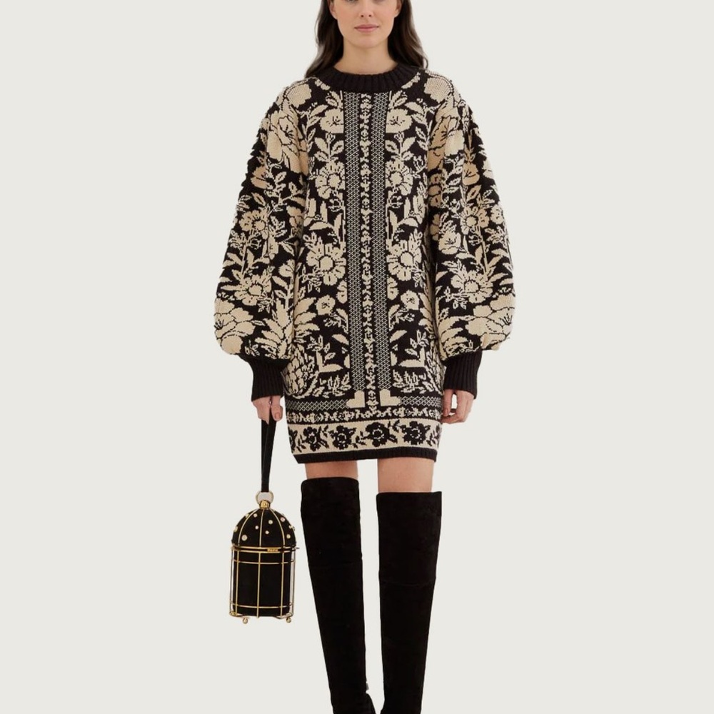 Farm Rio  Black Pineapple Garden Mini Sweater Dress